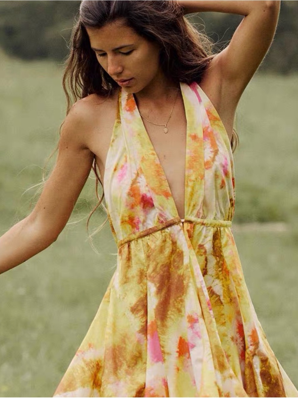 Zara Yellow Tie-Dye Halter Slip Dress with Pink Accents
